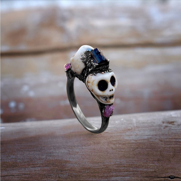 Jewelry - Black Skull  Pink Tourmaline Rough Stone Statement Stackable Multi Gemstone Ring